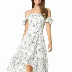 Allegra K Spaghatti Straps Ruffled Sleeves Asymmetrical Floral Dress