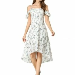 Allegra K Spaghatti Straps Ruffled Sleeves Asymmetrical Floral Dress