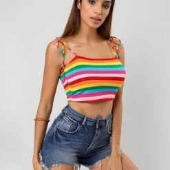 Allegra K Rainbow Striped Summer Cami Crop Top