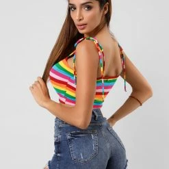 Allegra K Rainbow Striped Summer Cami Crop Top