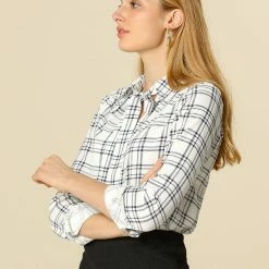 Allegra K Tie Bow Neck Long Sleeve Button Up Shirt Casual Plaids Top Women