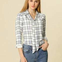Allegra K Tie Bow Neck Long Sleeve Button Up Shirt Casual Plaids Top Women