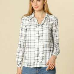 Allegra K Tie Bow Neck Long Sleeve Button Up Shirt Casual Plaids Top Women