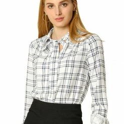Allegra K Tie Bow Neck Long Sleeve Button Up Shirt Casual Plaids Top Women