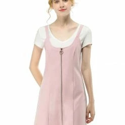 Allegra K Women's Zip Front Straight Bib Pinafore Short Overall Dress