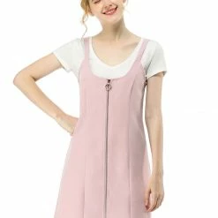 Allegra K Women's Zip Front Straight Bib Pinafore Short Overall Dress
