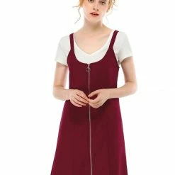 Allegra K Women's Zip Front Straight Bib Pinafore Short Overall Dress