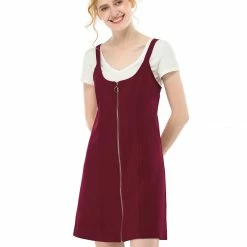 Allegra K Women's Zip Front Straight Bib Pinafore Short Overall Dress