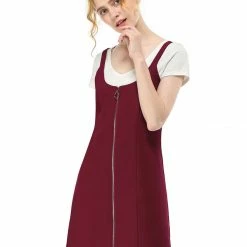 Allegra K Women's Zip Front Straight Bib Pinafore Short Overall Dress