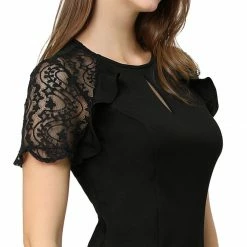 Allegra K Women's Ruffle Keyhole Lace Sleeve Fit And Flare Dress