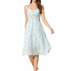 Women Allegra K Spaghetti Strap Twist Front Keen Length Dress