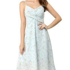 Women Allegra K Spaghetti Strap Twist Front Keen Length Dress