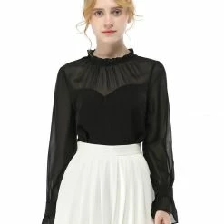 Allegra K Women's Chiffon Insert Long Sleeve Elegant Ruffled Trim Blouse Tops 41 Allegra K Women's Chiffon Insert Long Sleeve Elegant Ruffled Trim Blouse Tops