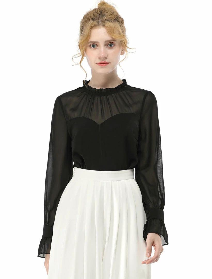 Allegra K Women's Chiffon Insert Long Sleeve Elegant Ruffled Trim Blouse Tops 17 Allegra K Women's Chiffon Insert Long Sleeve Elegant Ruffled Trim Blouse Tops