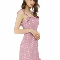 Allegra K Polka Dot Sleeveless Ruffle Tie Mini Dress Women