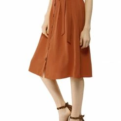 Allegra K Women's Button Front Casual High Waist Belted Midi Flare Skirt