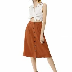 Allegra K Women's Button Front Casual High Waist Belted Midi Flare Skirt
