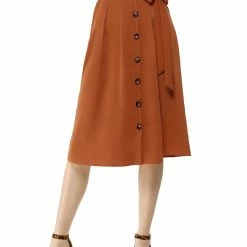 Allegra K Women's Button Front Casual High Waist Belted Midi Flare Skirt