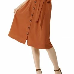 Allegra K Women's Button Front Casual High Waist Belted Midi Flare Skirt