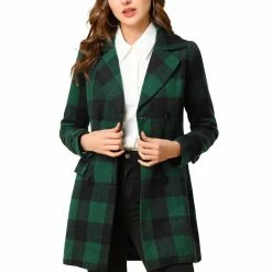 Allegra K Women's Notched Lapel Double Breasted Winter Plaids Coat