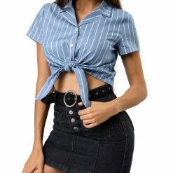 Allegra K Retro Striped Button Up Short Sleeve Tie Front Crop Shirt Women 65 Allegra K Retro Striped Button Up Short Sleeve Tie Front Crop Shirt Women