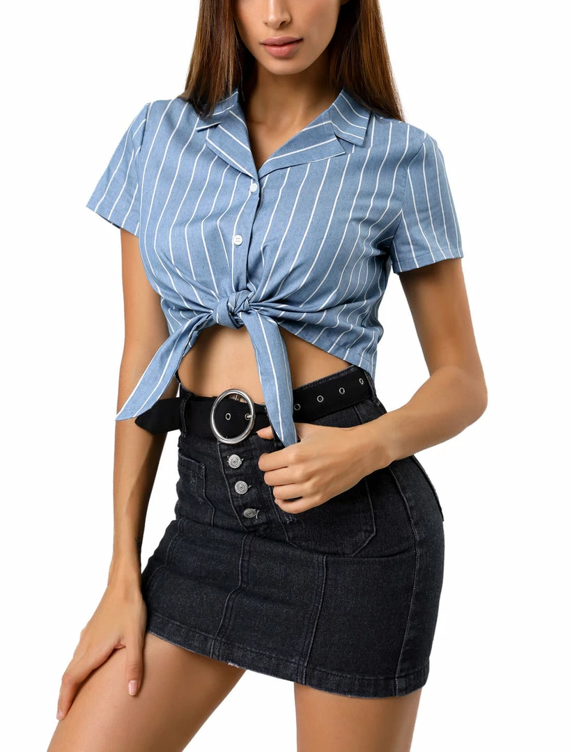 Allegra K Retro Striped Button Up Short Sleeve Tie Front Crop Shirt Women 23 Allegra K Retro Striped Button Up Short Sleeve Tie Front Crop Shirt Women