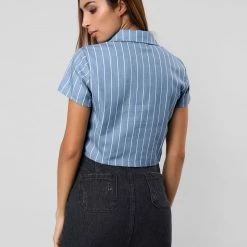 Allegra K Retro Striped Button Up Short Sleeve Tie Front Crop Shirt Women 66 Allegra K Retro Striped Button Up Short Sleeve Tie Front Crop Shirt Women