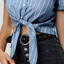 Allegra K Retro Striped Button Up Short Sleeve Tie Front Crop Shirt Women 68 Allegra K Retro Striped Button Up Short Sleeve Tie Front Crop Shirt Women