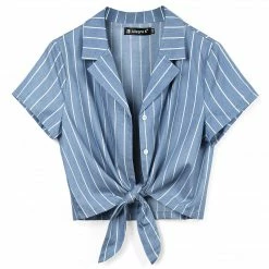 Allegra K Retro Striped Button Up Short Sleeve Tie Front Crop Shirt Women 64 Allegra K Retro Striped Button Up Short Sleeve Tie Front Crop Shirt Women