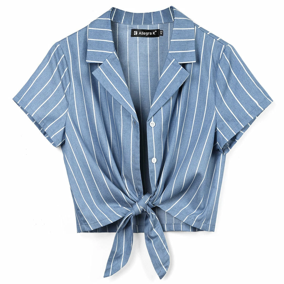 Allegra K Retro Striped Button Up Short Sleeve Tie Front Crop Shirt Women 22 Allegra K Retro Striped Button Up Short Sleeve Tie Front Crop Shirt Women