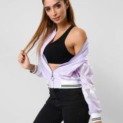 Allegra K Holographic Lightweight Bomber Jacket