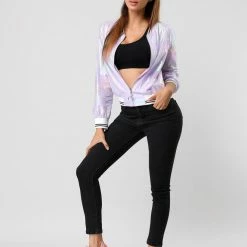 Allegra K Holographic Lightweight Bomber Jacket