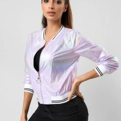 Allegra K Holographic Lightweight Bomber Jacket