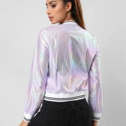 Allegra K Holographic Lightweight Bomber Jacket