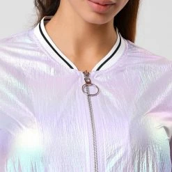 Allegra K Holographic Lightweight Bomber Jacket