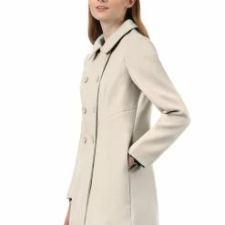 Allegra K Double Breasted Peter Pan Collar Thigh Length Coat