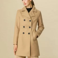 Allegra K Double Breasted Notched Lapel Mid-Length Coat