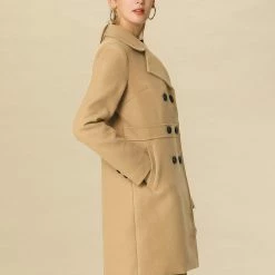 Allegra K Double Breasted Notched Lapel Mid-Length Coat