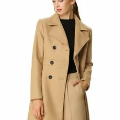 Allegra K Double Breasted Notched Lapel Mid-Length Coat