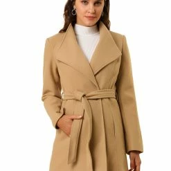 Allegra K Women's Classic Stand Collar Long Sleeve Winter Belted Long Coat