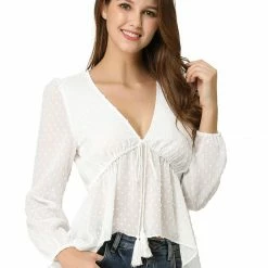 Allegra K Deep V Neck Drawstring Ruffled Swiss Dots Long Sleeves Sheer Chiffon Blouse