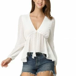 Allegra K Deep V Neck Drawstring Ruffled Swiss Dots Long Sleeves Sheer Chiffon Blouse