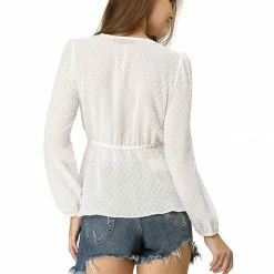 Allegra K Deep V Neck Drawstring Ruffled Swiss Dots Long Sleeves Sheer Chiffon Blouse