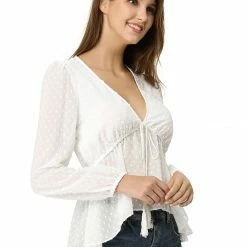 Allegra K Deep V Neck Drawstring Ruffled Swiss Dots Long Sleeves Sheer Chiffon Blouse