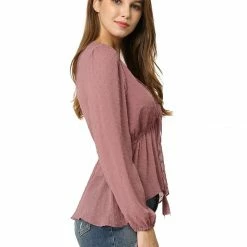 Allegra K Deep V Neck Drawstring Ruffled Swiss Dots Long Sleeves Sheer Chiffon Blouse