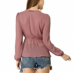 Allegra K Deep V Neck Drawstring Ruffled Swiss Dots Long Sleeves Sheer Chiffon Blouse