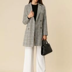 Allegra K Double Breasted Longline Plaid Blazer Jacket Women