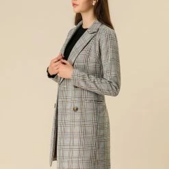 Allegra K Double Breasted Longline Plaid Blazer Jacket Women