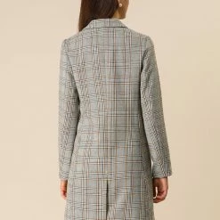 Allegra K Double Breasted Longline Plaid Blazer Jacket Women
