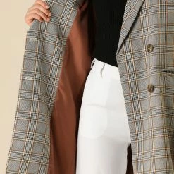 Allegra K Double Breasted Longline Plaid Blazer Jacket Women